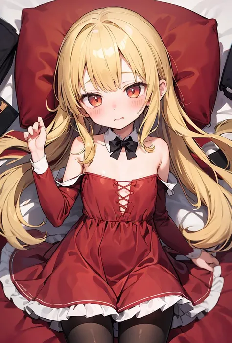(masterpiece, best quality), 1girl, blonde hair, red dress, pantyhose, cute face, blush,