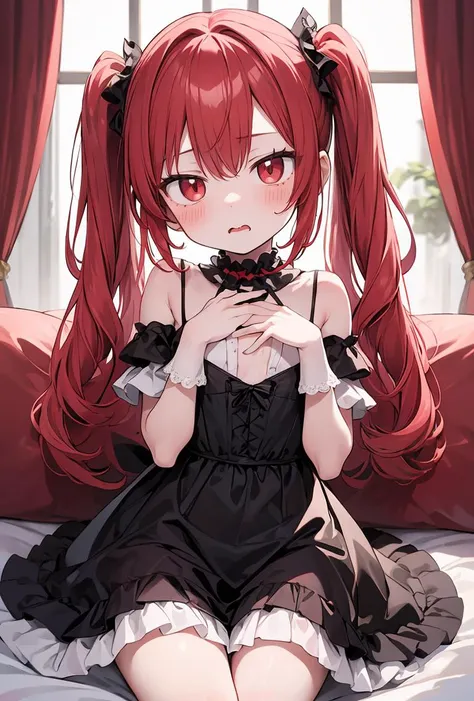 (masterpiece, best quality), 1girl, red hair, medium chest, gothic frill dress, pervert face,