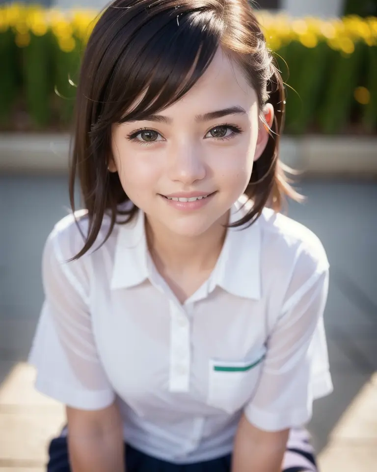 best quality, face focus, soft light, (depth of field) ,ultra high res, (photorealistic:1.4), RAW photo, upper thigh, ambient occlusion,
1girl, solo, cute, shy, (smile:1.2), (brown eyes), detailed beautiful skin, (dark_hair, short_hair ), (school uniform)