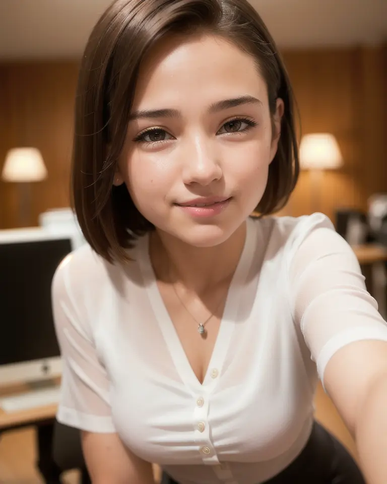 best quality, face focus, soft light, (depth of field) ,ultra high res, (photorealistic:1.4), RAW photo, ambient occlusion,standing ,posing,(portrait:1.4), office,
1girl, solo, cute, shy, (smile:1.2), (brown eyes,catch light), detailed beautiful skin, (dark_hair, short_hair ), (white shirt , black pencil skirt)