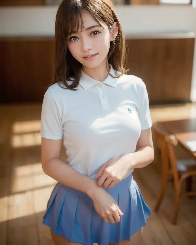 best quality, face focus, soft light, (depth of field) ,ultra high res, (photorealistic:1.4), RAW photo, ambient occlusion,standing ,posing,(upper thigh:1.2), indoor,
1girl, solo, cute, shy, (smile:1.2), (brown eyes,catch light), detailed beautiful skin, (dark_hair, short_hair ), (white polo shirt , blue skirt)
<lora:Japanese-doll-likeness:0.4>