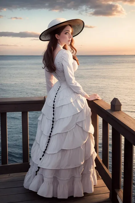 a beautiful victorian woman standing on a pier. looking out wistfully over the sea. wide-brimmed hat. low clouds, sunset. high dynamic range.