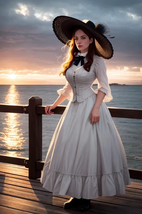 a beautiful victorian woman standing on a pier. looking out wistfully over the sea. wide-brimmed hat. low clouds, sunset. high dynamic range.