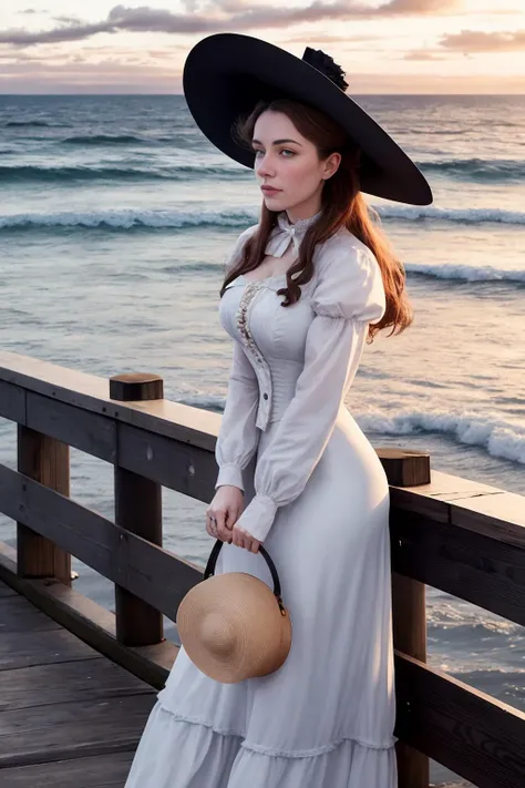 a beautiful victorian woman standing on a pier. looking out wistfully over the sea. wide-brimmed hat. low clouds, sunset. high dynamic range.