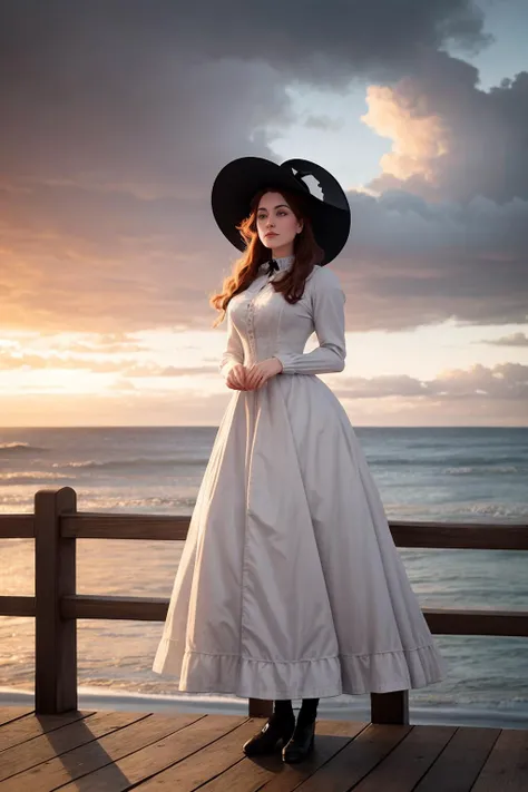 a beautiful victorian woman standing on a pier. looking out wistfully over the sea. wide-brimmed hat. low clouds, sunset. high dynamic range.