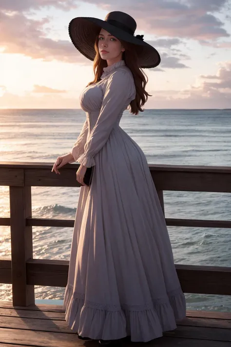 a beautiful victorian woman standing on a pier. looking out wistfully over the sea. wide-brimmed hat. low clouds, sunset. high dynamic range.