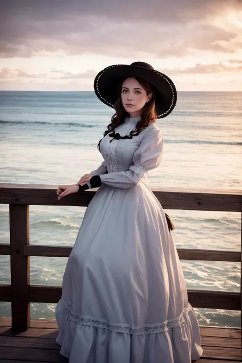 a beautiful victorian woman standing on a pier. looking out wistfully over the sea. wide-brimmed hat. low clouds, sunset. high dynamic range.