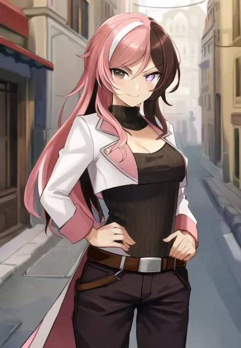 ((best quality)), ((highly detailed)), masterpiece, ((official art)), detailed face, beautiful face, (detailed eyes, deep eyes), (1girl:1.33, solo),
<lora:neoPolitanRWBYLora_v1:.9>, NeoRWBY, heterochromia, brown eyes, pink eyes, multicolored hair, brown hair, pink hair, long hair, smug, smirk, cleavage, small breasts, white jacket, crop top jacket, leotard, pants