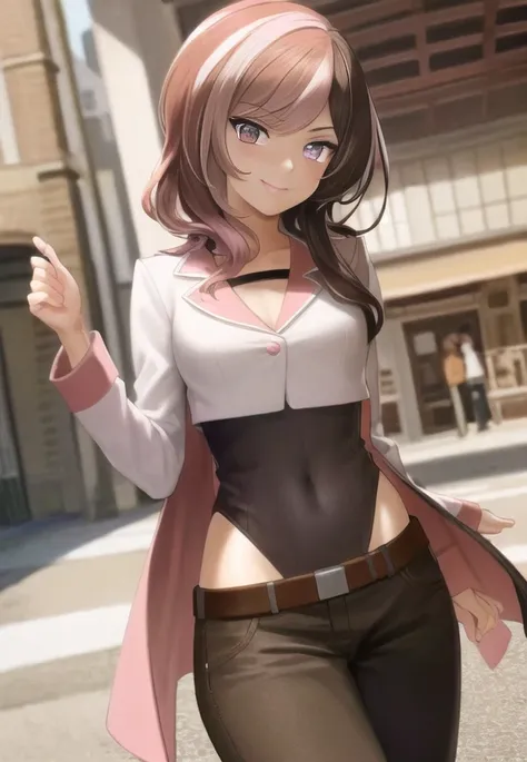 ((best quality)), ((highly detailed)), masterpiece, ((official art)), extremely detailed face, beautiful face, (detailed eyes, deep eyes), (1girl:1.33, solo),
<lora:neoPolitanRWBYLora_v1:.9>, NeoRWBY, heterochromia, brown eyes, pink eyes, multicolored hair, brown hair, pink hair, short hair, smug, smirk, white jacket, crop top jacket, (leotard), (covered navel), pants