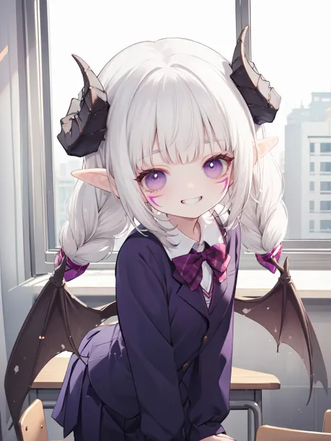 nyarly, (kid, child:1),facial mark,twin braids,horns, grey hair, purple eyes,
school uniform,  low bat wings,
grin, 
standing,
classroom,
<lora:clear****_v1.1:1> <lora:nyarly_v1.5-000010:1>