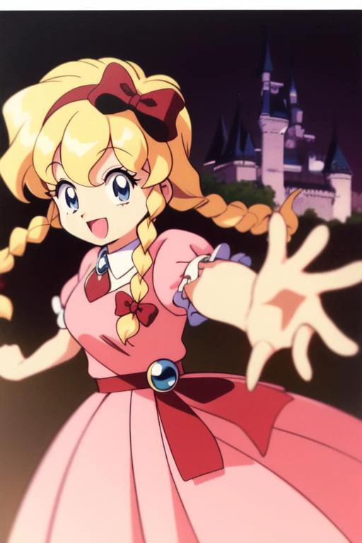 <lora:Maria_Renard:0.9> MariaRenard, 1girl, blonde hair, dress, solo, blue eyes, pink dress, braid, long hair, bow, twin braids, open mouth, hair bow, smile, puffy sleeves, jewelry, short sleeves, puffy short sleeves, red bow, brooch, castle, looking at viewer, hairband, :d, retro artstyle, ribbon, outstretched arms,
masterpiece, high quality, very_high_resolution, large_filesize, full color,ã1990s \(style\), anime, anime_screencap, animated gif, mp4 ,video, animated,