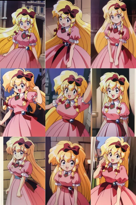 <lora:Maria_Renard:1> MariaRenard, 1girl, solo, long hair, blonde hair, blue eyes, braid, dress, red_bow, brooch, hair bow, twin braids, jewelry, red_hairband, puffy sleeves, pink dress, short sleeves, very long hair, puffy short sleeves,
Europe, city, child, large_breasts, smile, happy,ã
masterpiece, high quality, very_high_resolution, large_filesize, full color,ã1990s \(style\), anime, anime_screencap, animated gif, mp4 ,video, animated,