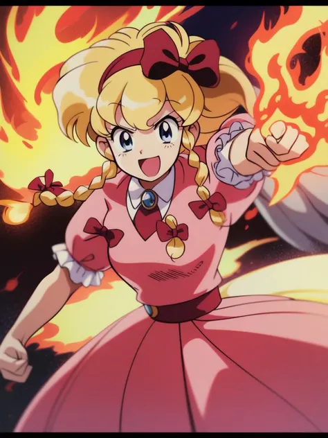 <lora:Maria_Renard:1>MariaRenard, 1girl, dress, voluminous hair, solo, blonde hair, blue eyes, pink dress, bow, long hair, braid, open mouth, hair bow, puffy sleeves, red bow, fire, smile, twin braids, puffy short sleeves, jewelry, short sleeves, blue background, :d, brooch, clenched hand, frills, bangs, gem, frilled dress, hairband, red hairband
masterpiece, high quality, very_high_resolution, large_filesize, full color,ã1990s \(style\), anime, anime_screencap, animated gif, mp4 ,video, animated,