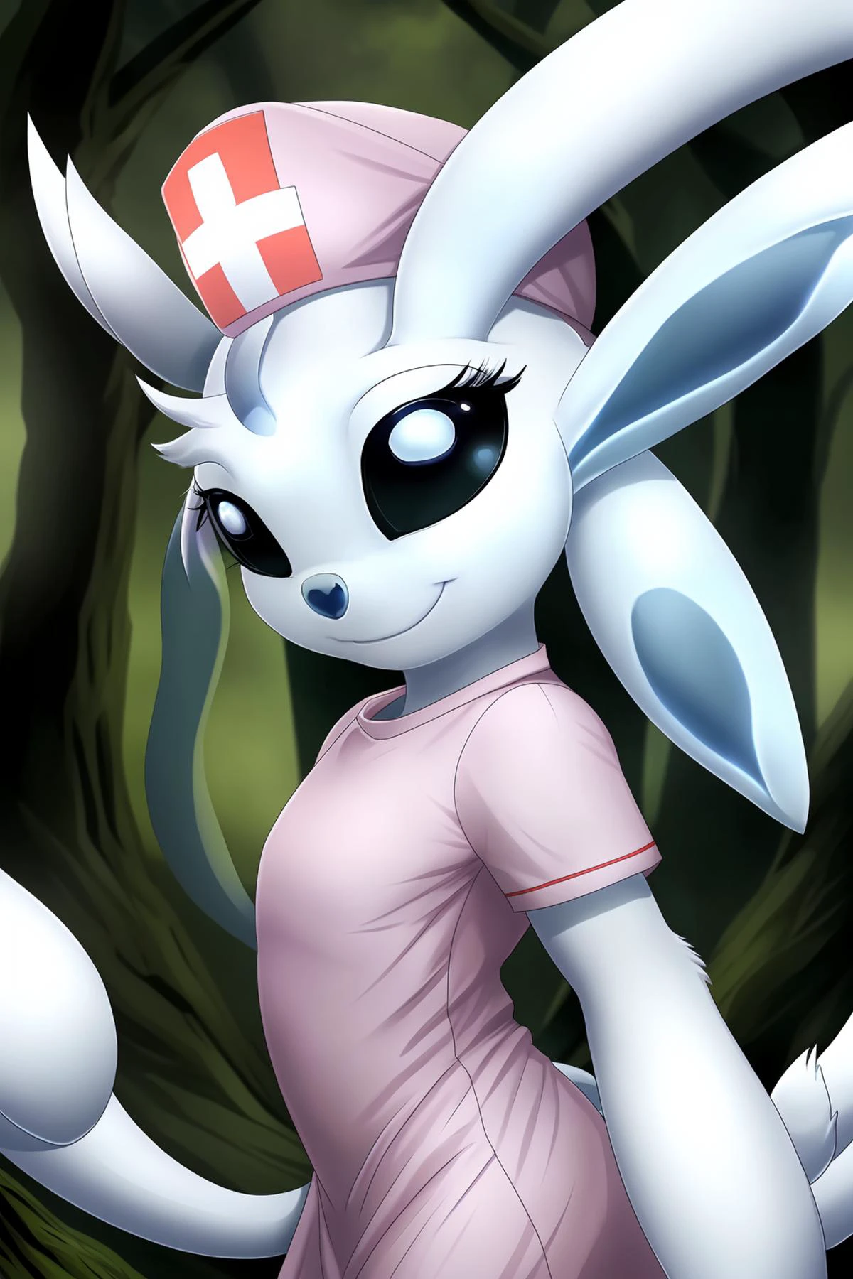 masterpiece, best quality, highres, ultra-detailed, chibi, (ori:1.9), female, (eyelashes:1.4), looking at viewer, white skin, glowing skin, black sclera, (nurse cap),seductive smile, heart, forest, hair flower, flower, <lora:nurse_v11:0.3> nurse, nurse_uniform, pink clothes, from side <lora:blackeyes-v1:0.6>, pose