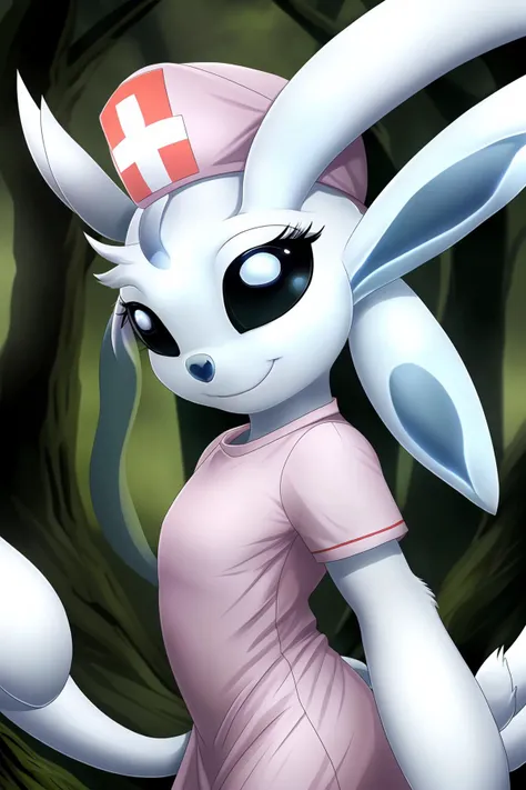 masterpiece, best quality, highres, ultra-detailed, chibi, (ori:1.9), female, (eyelashes:1.4), looking at viewer, white skin, glowing skin, black sclera, (nurse cap),seductive smile, heart, forest, hair flower, flower, <lora:nurse_v11:0.3> nurse, nurse_uniform, pink clothes, from side <lora:blackeyes-v1:0.6>, pose