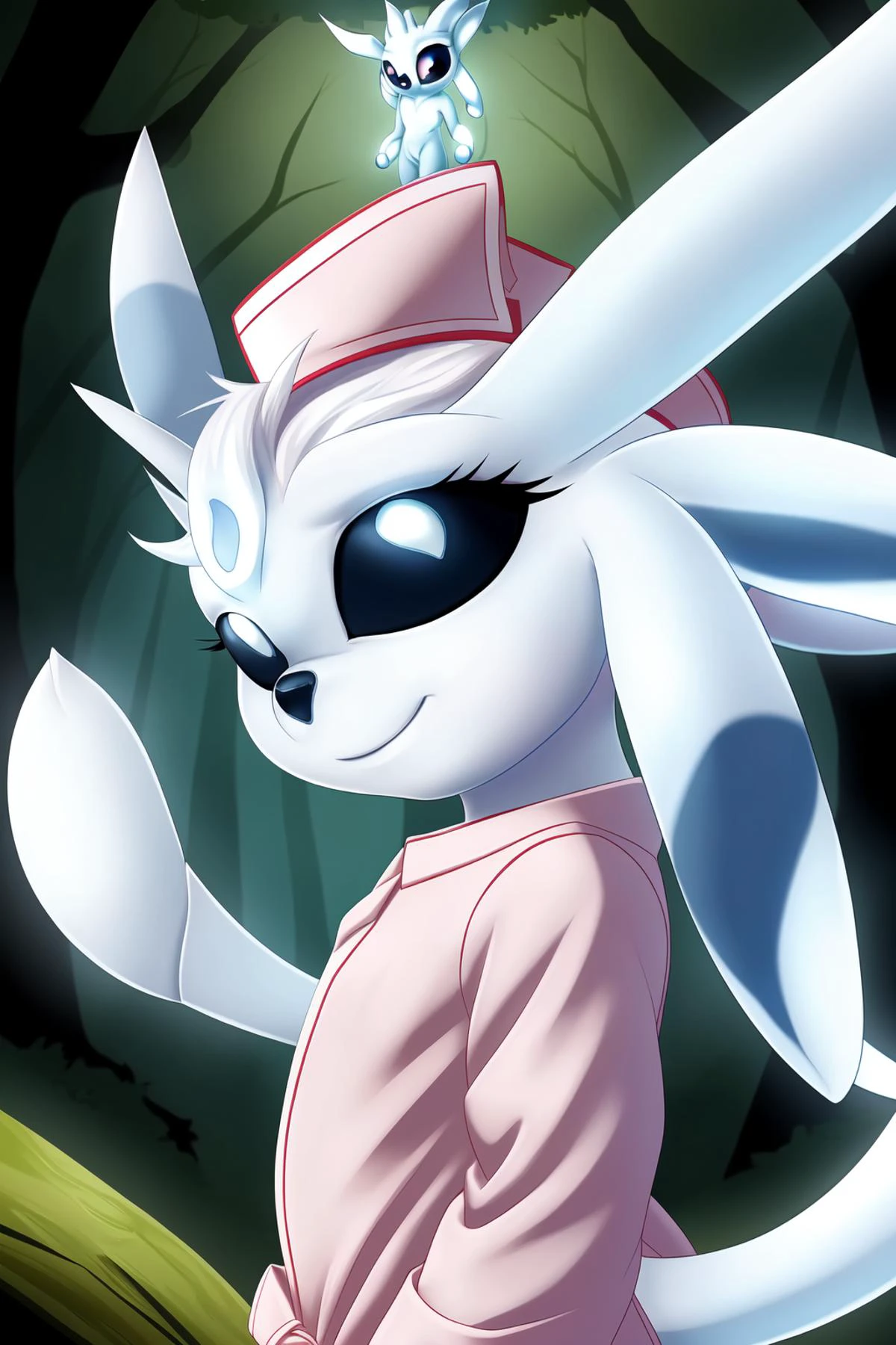 masterpiece, best quality, highres, ultra-detailed, chibi, (ori:1.9), female, (eyelashes:1.4), looking at viewer, white skin, glowing skin, black sclera, (nurse cap),seductive smile, heart, forest, hair flower, flower, <lora:nurse_v11:0.3> nurse, nurse_uniform, pink clothes, from side <lora:blackeyes-v1:0.6>, pose