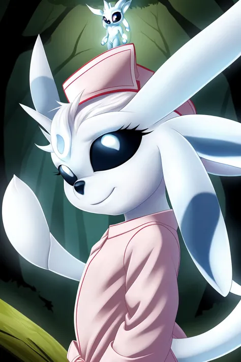 masterpiece, best quality, highres, ultra-detailed, chibi, (ori:1.9), female, (eyelashes:1.4), looking at viewer, white skin, glowing skin, black sclera, (nurse cap),seductive smile, heart, forest, hair flower, flower, <lora:nurse_v11:0.3> nurse, nurse_uniform, pink clothes, from side <lora:blackeyes-v1:0.6>, pose