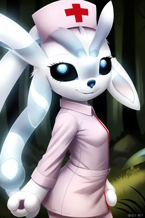 masterpiece, best quality, highres, ultra-detailed, chibi, (ori:1.9), female, (eyelashes:1.4), looking at viewer, white skin, glowing skin, black sclera, (nurse cap),seductive smile, heart, forest, hair flower, flower, <lora:nurse_v11:0.3> nurse, nurse_uniform, pink clothes, from side <lora:blackeyes-v1:0.6>, pose