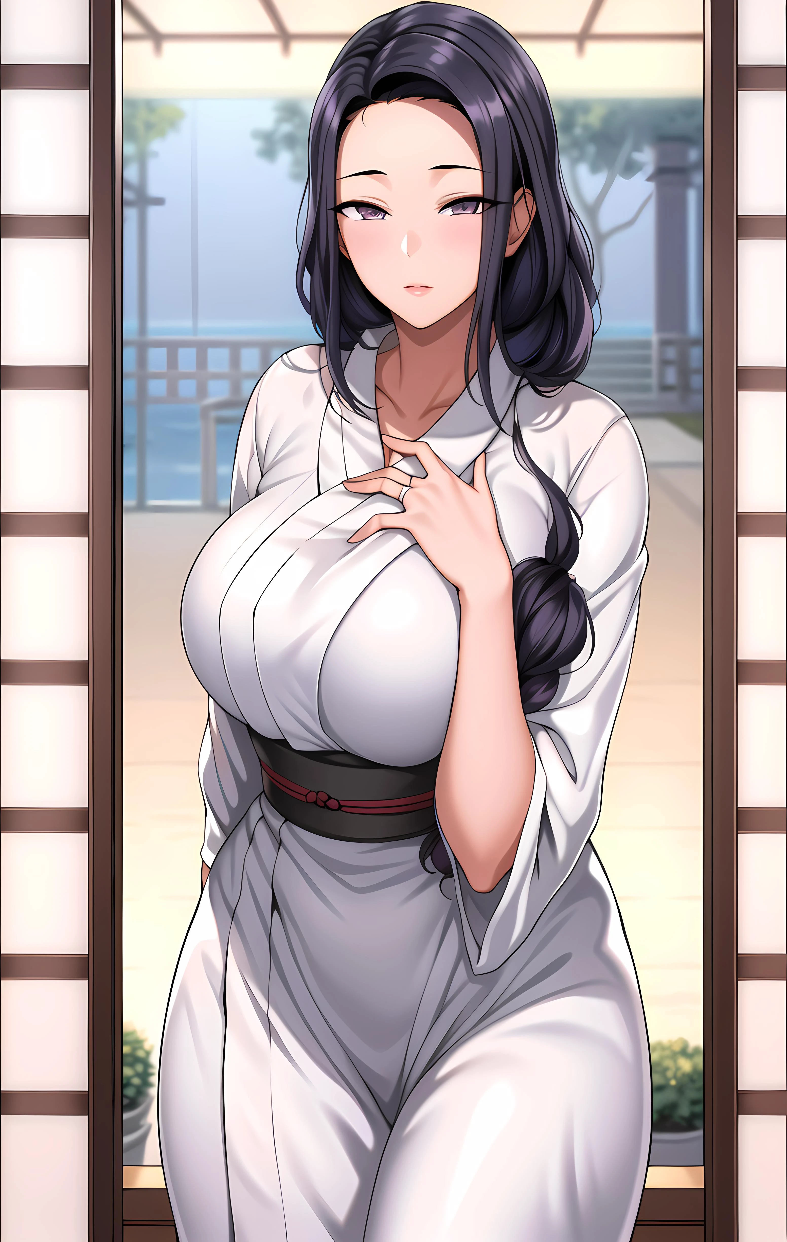 east asian architecture,
Standing at attention,
White kimono,
<lora:Tsubaki_Miyajima_Saimin_Seishidou-KK77-V2:0.7>,
black_hair, long_hair, hair_pulled_back,parted_lips,purple_eyes, braid,
<lora:Oda_Non_Style-KK77-V2:0.3>,<lora:more_details:0.1>,
1 girl, 20yo,Young female,Beautiful long legs,Beautiful body,
Beautiful Nose,Beautiful character design, perfect eyes, perfect face,expressive eyes,perfect balance,
looking at viewer,(Focus on her face),closed mouth, (innocent_big_eyes:1.0),(Light_Smile:0.3),
official art,extremely detailed CG unity 8k wallpaper, perfect lighting,Colorful, Bright_Front_face_Lighting,White skin,
(masterpiece:1.0),(best_quality:1.0), ultra high res,4K,ultra-detailed,
photography, 8K, HDR, highres, absurdres:1.2, Kodak portra 400, film grain, blurry background, bokeh:1.2, lens flare, (vibrant_color:1.2),professional photograph,
(Beautiful,large_Breasts:1.4), (beautiful_face:1.5),(narrow_waist),