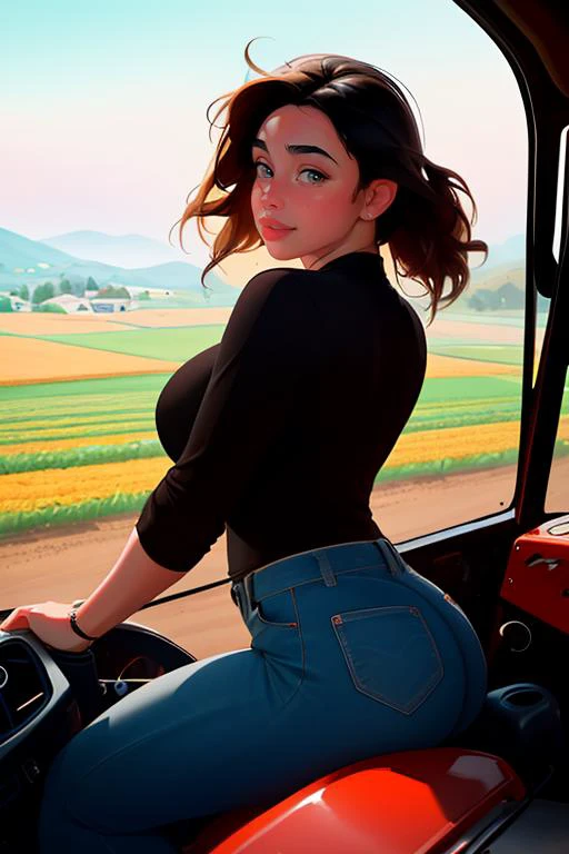 DEN_mila_santos
posing in a tractors cockpit, driving a tractor, country living, country, farming, driving a tractor in a field,
bokeh, f1.4, 40mm, photorealistic, raw, 8k, textured skin, skin pores, intricate details <lora:epi_noiseoffset2:1>, epiCRealism <lora:ClothingAdjuster3:-1.3>