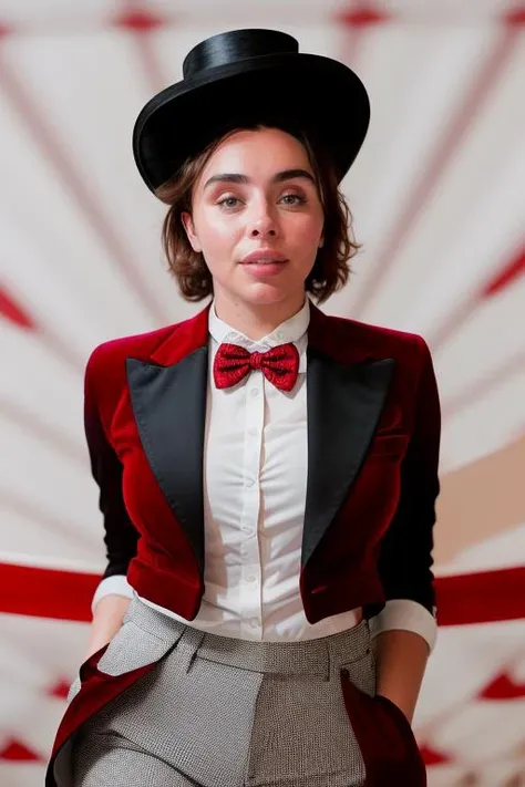 DEN_mila_santos
performing in a (circus:1.2) wearing a red and black (blazer:1.1) and white (shirt:1.1) and cream (trousers:1.1) and black bow tie and (top hat:1.1), ring leader, circus,
bokeh, f1.4, 40mm, photorealistic, raw, 8k, textured skin, skin pores, intricate details <lora:epi_noiseoffset2:1>, epiCRealism <lora:ClothingAdjuster3:-1.3>