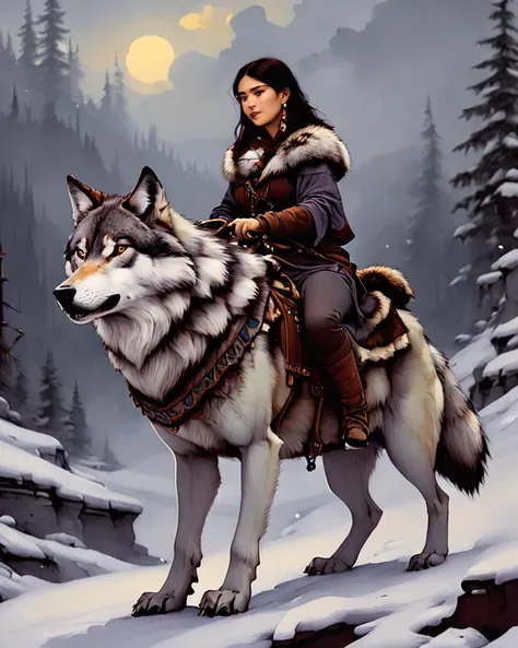 Woman riding a wolf \nby onche_ondulay\n<lora:onche_ondulay_Style_XL:1>