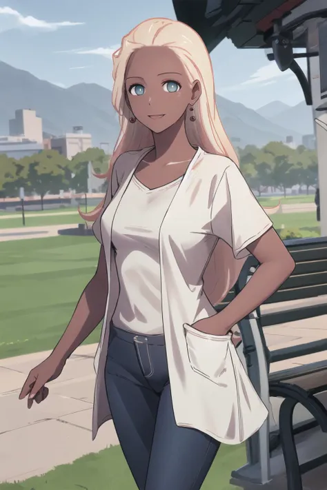 (best quality), outdoors, park, park bench, grass, cowboy shot, 1girl, solo, HaruSW, dark-skinned female, aqua eyes, <lora:HaruSWVisions_V1-Manityro-dadpt:1.0>, toned, smile, looking at viewer, long hair, earrings, casual, casual pants