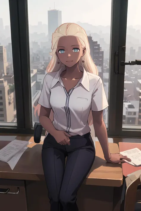 (best quality), indoors, office, window, cityscape, cowboy shot, 1girl, solo, HaruSW, dark-skinned female, aqua eyes, <lora:HaruSWVisions_V1-Manityro-dadpt:1.0>, toned, smile, looking at viewer, long hair, earrings, collarbone, collared shirt, short sleeves, suit pants, sitting, on desk, crossed legs,