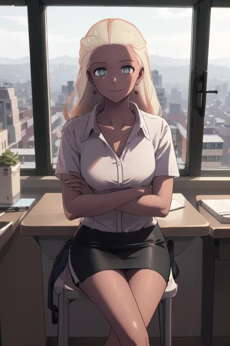 (best quality), indoors, office, window, cityscape, cowboy shot, 1girl, solo, HaruSW, dark-skinned female, aqua eyes, <lora:HaruSWVisions_V1-Manityro-dadpt:1.0>, toned, smile, looking at viewer, long hair, earrings, collarbone, short sleeves, white shirt, collared shirt, pencil skirt, crossed arms, sitting, on desk, crossed legs,