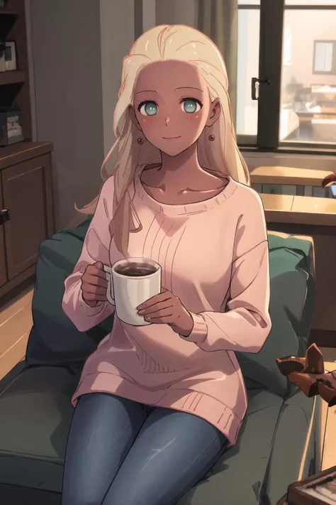 (best quality), indoors, living room, 1girl, solo, HaruSW, dark-skinned female, aqua eyes, <lora:HaruSWVisions_V1-Manityro-dadpt:1.0>, toned, smile, closed mouth, blush, looking at viewer, long hair, earrings, red sweater, ribbed sweater, jeans, sitting, couch, holding mug, hot chocolate,