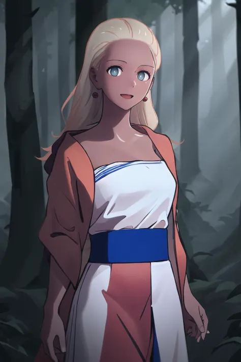 (best quality), outdoors, forest, upper body, 1girl, solo, HaruSW, dark-skinned female, aqua eyes, <lora:HaruSWVisions_V1-Manityro-dadpt:1.0>, toned, happy, looking at viewer, HAlt, long hair, earrings, red robe, strapless, white shirt, blue sash, white skirt, long skirt