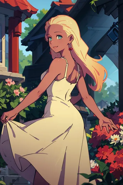 masterpiece, best quality, absurdres, 1girl, solo, HaruSW, dark-skinned female, aqua eyes,  long hair, earrings, from behind, (yellow sundress:1.2), garden, day, sunshine, smile, looking back, <lora:HaruSWVisions_V1-Manityro-dadpt:1.0>