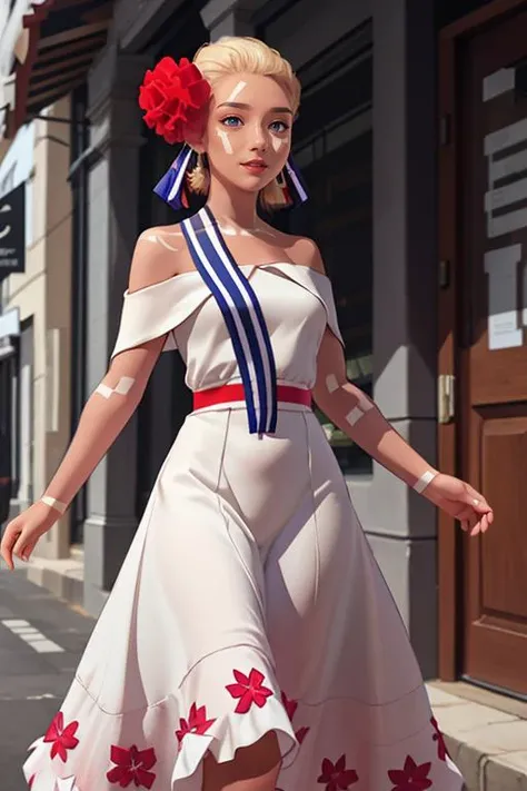 masterpiece, best quality, <lora:HaruSWVisions_V1-Manityro-dadpt:.9> HMain, facial mark, bodypaint, hair flower, hair ribbon, short hair, white dress, strapless, off shoulder, bare shoulders, sleeveless, white sash, vertical-striped dress,