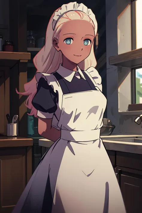 masterpiece, best quality, absurdres, 1girl, solo, HaruSW, dark-skinned female, aqua eyes,  long hair, maid, maid headdress, maid apron, kitchen, arms behind back, smile, <lora:HaruSWVisions_V1-Manityro-dadpt:1.0>