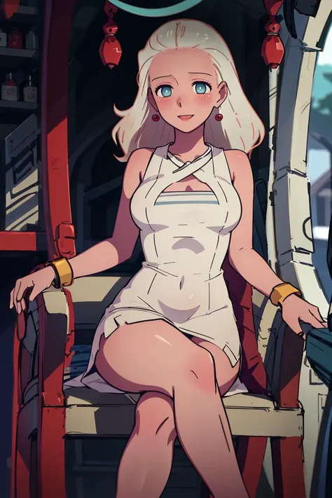 masterpiece, best quality, absurdres, 1girl, solo, HaruSW, dark-skinned female, aqua eyes, long hair, arm strap, blush, breasts, clevage, cocktail dress, crossed legs, earrings, grey dress, jewelry, short dress, silver dress, sleeveless, thighs, smile, <lora:HaruSWVisions_V1-Manityro-dadpt:1.0>
