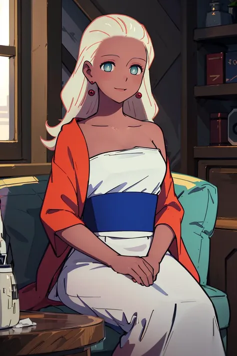 masterpiece, best quality, absurdres, 1girl, solo, HaruSW, dark-skinned female, aqua eyes, HAlt, long hair, earrings, red robe, strapless, white shirt, blue sash, white skirt, long skirt, indoors, sitting, smile, couch, <lora:HaruSWVisions_V1-Manityro-dadpt:1.0>