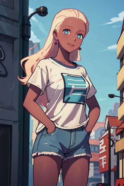 masterpiece, best quality, absurdres, 1girl, solo, HaruSW, dark-skinned female, aqua eyes,  long hair, earrings, t-shirt, denim shorts, standing, outdoors, city, hands in pockets, smile, <lora:HaruSWVisions_V1-Manityro-dadpt:1.0>