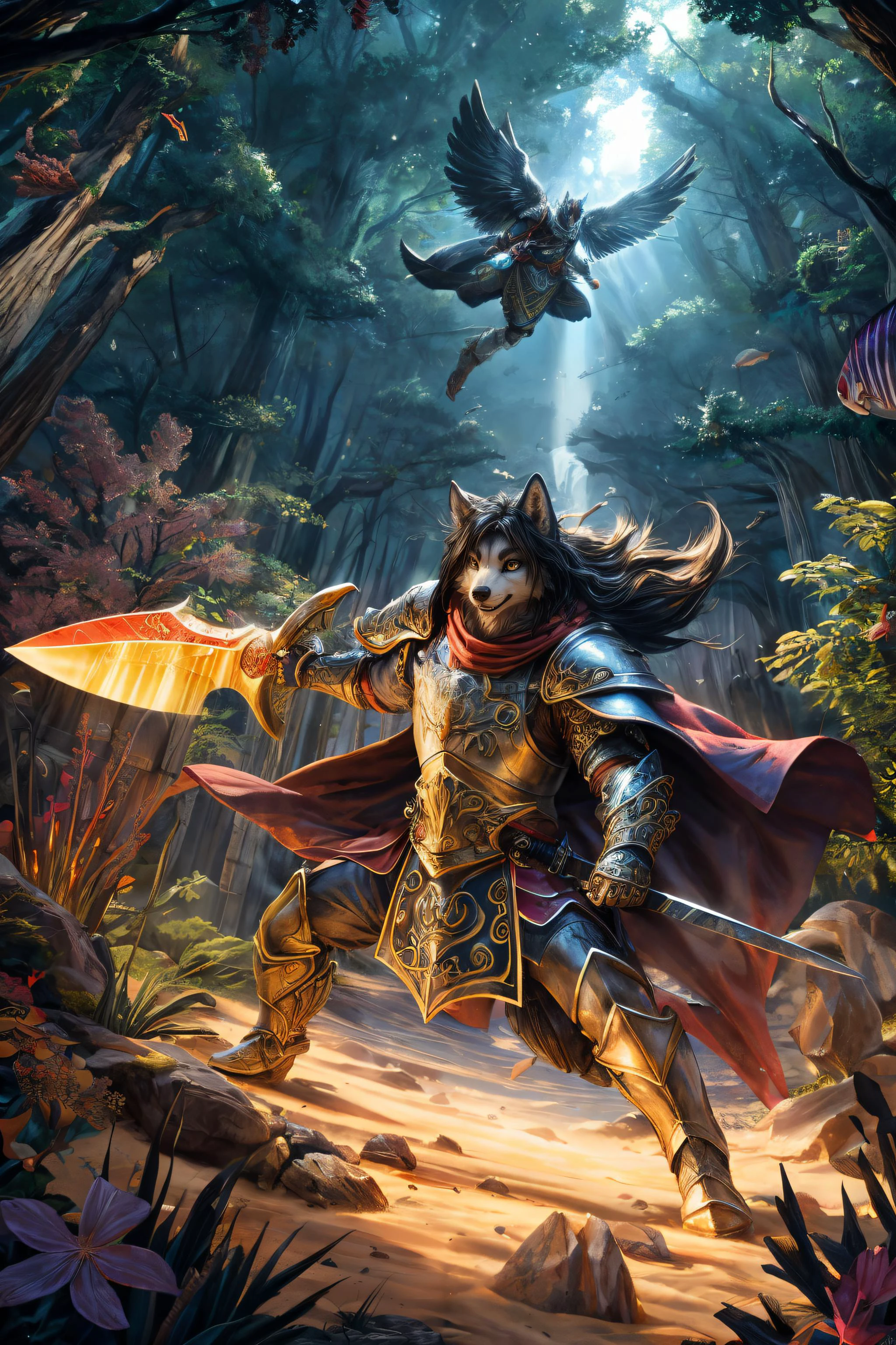breathtaking (best quality, masterpiece, detailed, 8k)
<lora:Tools Add Detail:0.4>
RAW, realistic cinematic photo, Angelic female furry, anthro wolf, paladin, detailed grey fur, large yellow eyes, black hair, Short, beachy waves, wearing plate armor, cape, wielding long sword shield, dynamic action pose, full body, defending, blocking, A grand, ornate gate adorned with intricate symbols, glowing with a soft, enchanting light, A vibrant coral reef, teeming with a rainbow of colorful fish and intricate marine life, posed in misty forest battle, Wizardly (Wispfire:1.2), shot from dynamic angle, (masterpiece, award-winning, professional, HDR)