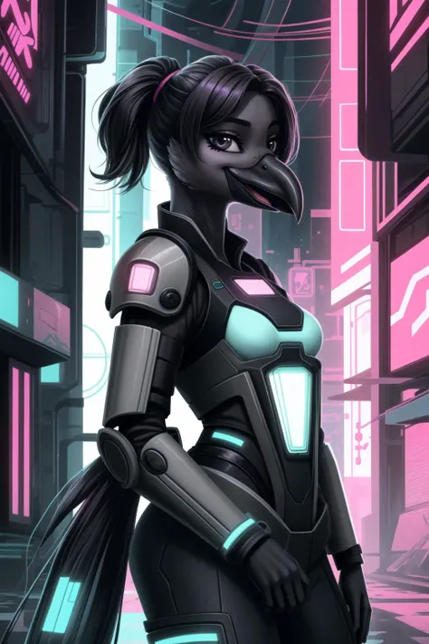 upper body, view from behind, black raven girl, anthro avian corvid, beak, female, small breasts, long twintail, heavy power armor, cyberpunk, happy, posing, portrait, looking at side <lora:Corvids-v1:1>