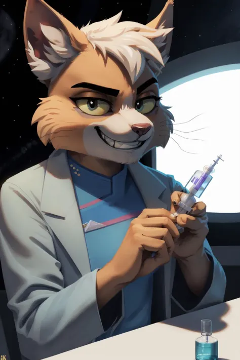 <lora:drtana-v2-locon:1> drtana, starfleet uniform, lab coat, (detailed fluffy fur:1.2), (smirk:1.2, grin), (long needle in hand:1.2), (long syringe in hand:1.2), fang out,
(masterpiece:1.2), (highly detailed:1.2), (intricate:1.2), (best quality:1.2),(8k:1.2),
cinematic light, vivid colors