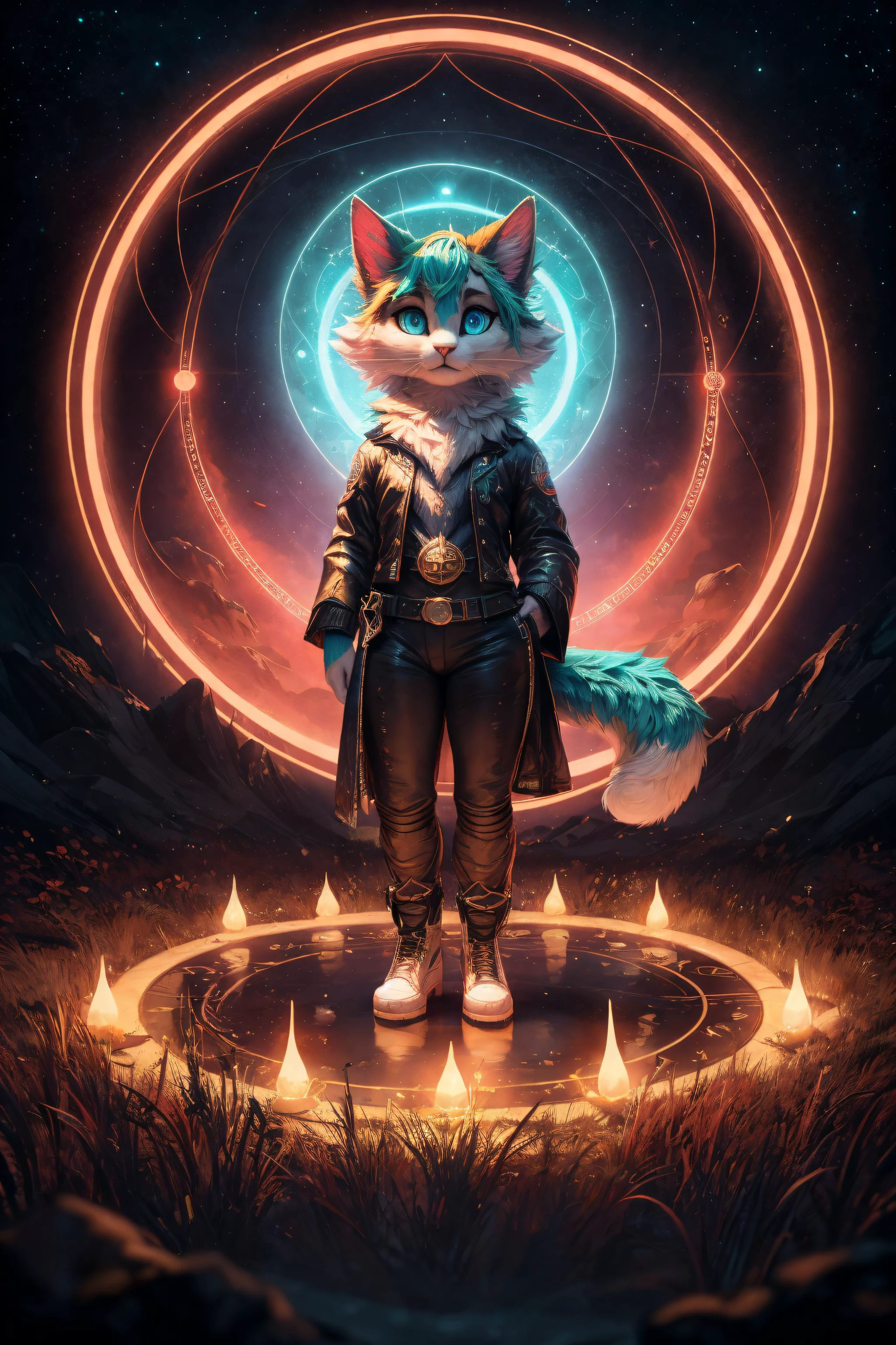 (best quality, masterpiece, detailed, 8k), breathtaking ,RAW, realistic,
<lora:Tools Add Detail:0.3>
nvdreampunk, (abstract surrealism:1.3), mixed media, Snazzy girl, furry (anthro cat:1.1), large shining Turquoise eyes, full body, Meshy, Ginseng, Stellar Evolution, magic spell circle, wearing Sorcerer's Breeches, Elven Boleros , , , ,
<lora:Styles Dreampunk:1.1>
detailed fur texture, subsurface scattering, (masterpiece, award-winning, professional, HDR)