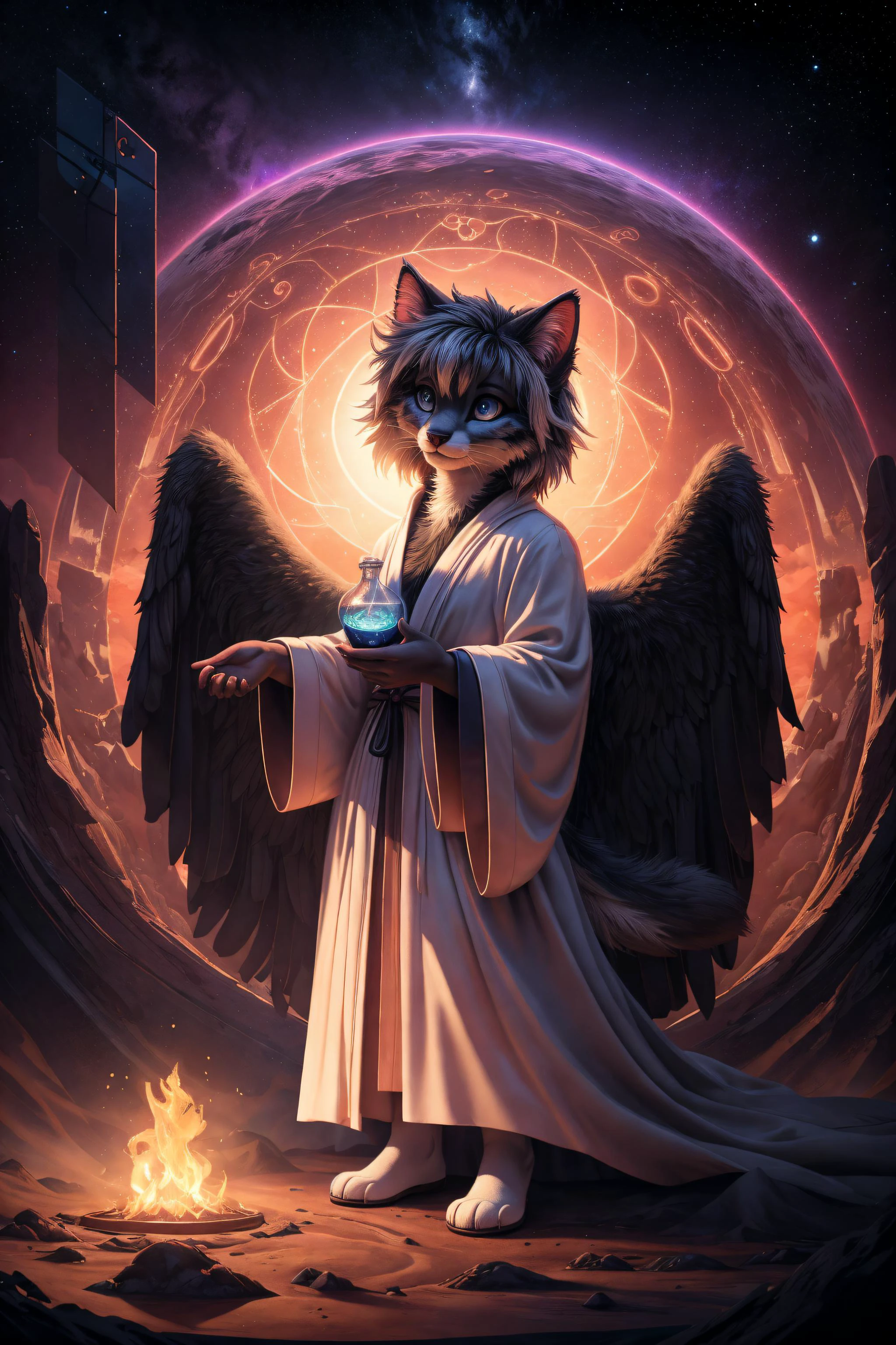 (best quality, masterpiece, detailed, 8k), breathtaking ,RAW, realistic,
<lora:Tools Add Detail:0.3>
nvdreampunk, (abstract surrealism:1.3), mixed media, Angelic girl, furry (anthro kitten:1.1), large shining Steel gray eyes, full body, Sanded, Coleus, Collective consciousness, ritual space, wearing Celestial Stardust,Channel,Hypnotize,Astral Gleam,Potion,Enchantment,Spellbinding Enigmatic Robe , Flats, , ,
<lora:Styles Dreampunk:1.1>
detailed fur texture, subsurface scattering, (masterpiece, award-winning, professional, HDR)