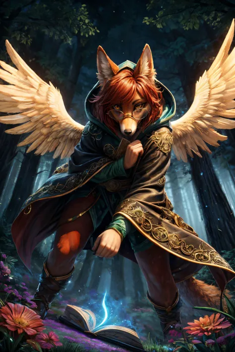 breathtaking (best quality, masterpiece, detailed, 8k)
<lora:Tools Add Detail:0.4>
RAW, realistic cinematic photo, Angelic female anthro furry fox, mage, detailed fur, red fur, narrow muzzle, sultry yellow eyes, slit pupil, red hair, Textured long bob, black nails, wearing ornate robes, opulent magical equipment, green hooded cloak, small round glasses, carrying spell book, dynamic action pose, close up, A gate composed of interwoven vines and flowers, representing the connection between nature and magic, casting spells, defending against attackers, posed in misty forest battle, Mesmerizing (Radiant Aura:1.2), shot from dynamic angle, (masterpiece, award-winning, professional, HDR)