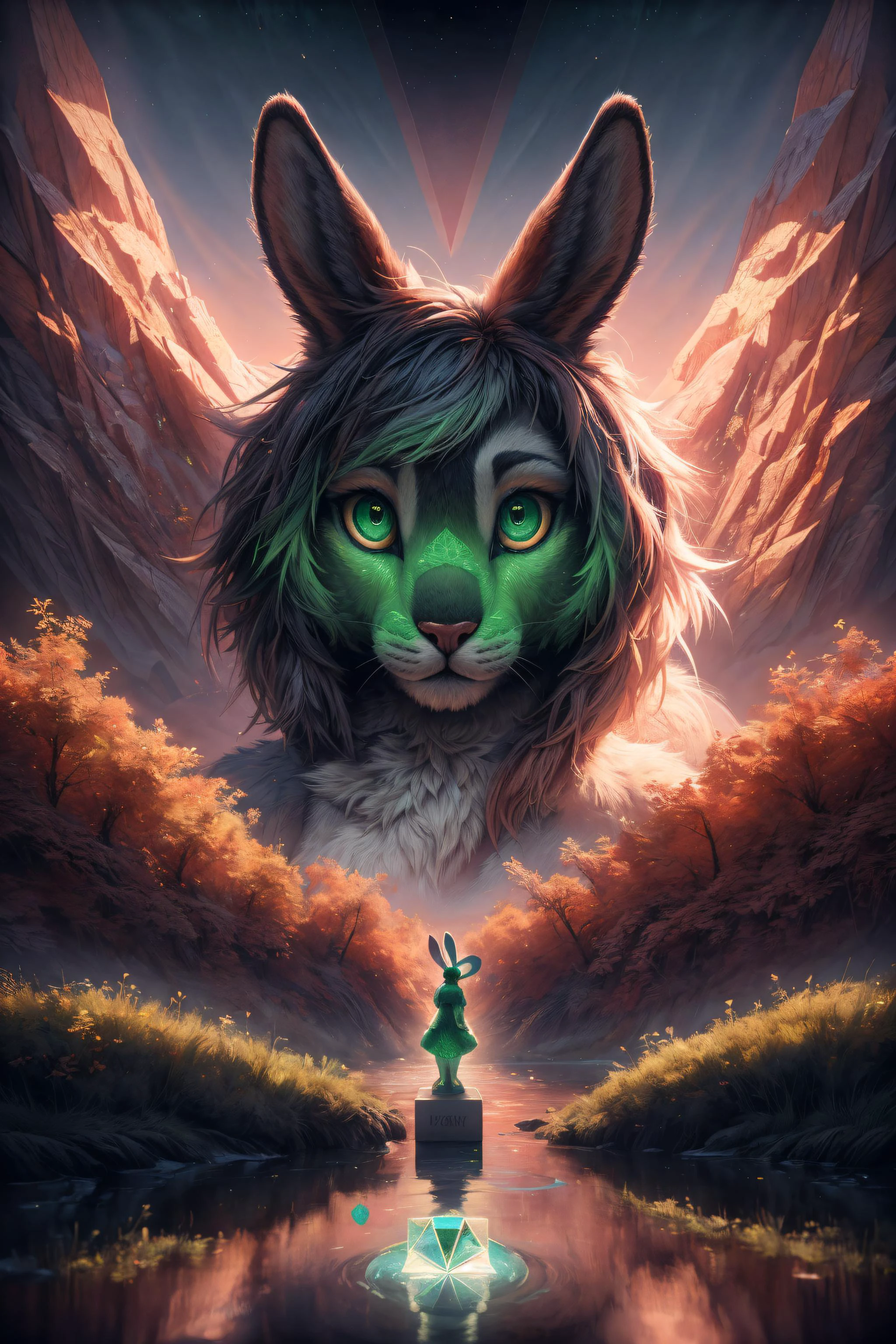 (best quality, masterpiece, detailed, 8k), breathtaking ,RAW, realistic,
<lora:Tools Add Detail:0.3>
nvdreampunk, (abstract surrealism:1.3), mixed media, Divine girl, furry (anthro bunny:1.1), large shining Emerald eyes, full body, Matte, Lobelia, Astrophysics, sacred geometry,
<lora:Styles Dreampunk:1.1>
detailed fur texture, subsurface scattering, (masterpiece, award-winning, professional, HDR)