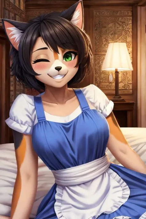 anthro cat, medium boobs, (ultra detailed calico fur), green eyes, looking at viewer, friendly smile, seducing pose, short hair, (detailed fluffy hair), cat tail,
 aliceinwonderlandoutfit, waist apron, lying on bed, one eye closed, grin, blush,
(masterpiece:1.2), (highly detailed:1.2), (intricate:1.2), (best quality:1.2),(8k:1.2),
cinematic light, vivid colors <lora:alice_in_wonderland_outfit-base-anylora-v1-1-1-000019_1_BiiIiMoOOo_WOF:1>,
detailed manor indoor background