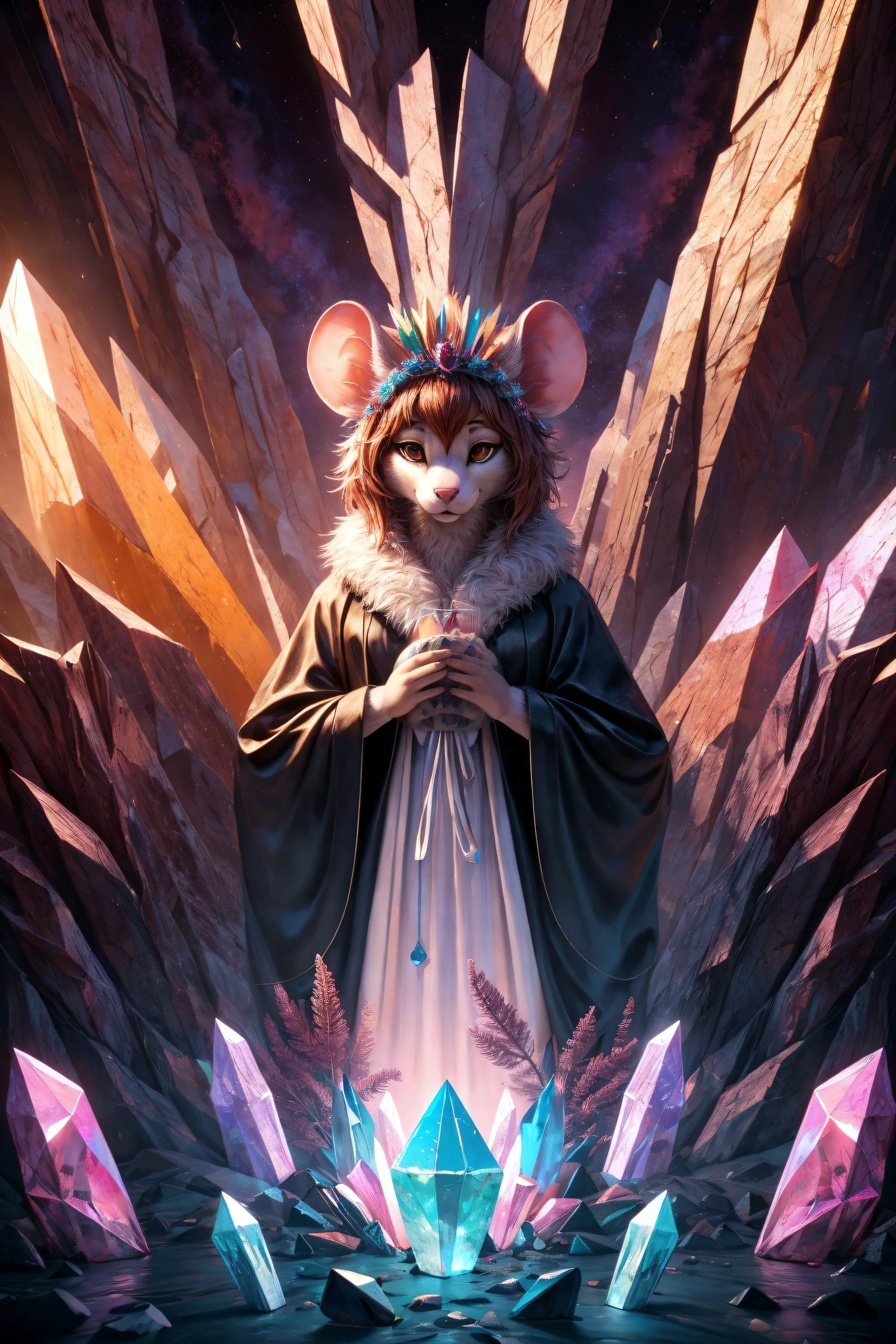 (best quality, masterpiece, detailed, 8k), breathtaking ,RAW, realistic,
<lora:Tools Add Detail:0.3>
nvdreampunk, (abstract surrealism:1.3), mixed media, hands holding fruit, Jade, Blackberry, Immortality, fractal geometry, wearing Inspire,Dragon Scales,Mysticism,Crystal Luminance Sorceress Robe , , Peacock feather headpiece, ,,
<lora:Styles Dreampunk:1.1>
detailed fur texture, subsurface scattering, (masterpiece, award-winning, professional, HDR)
