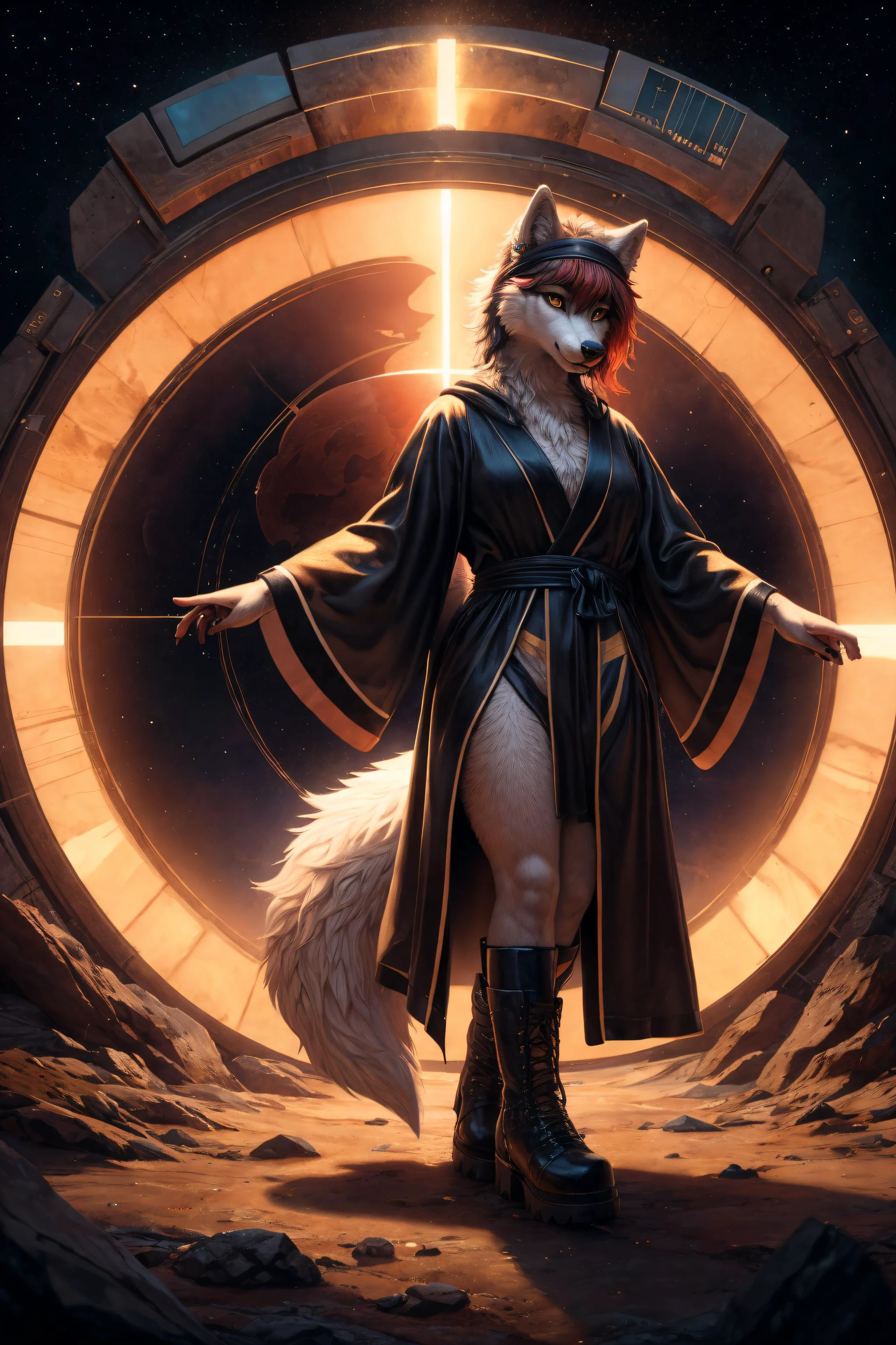 (best quality, masterpiece, detailed, 8k), breathtaking ,RAW, realistic,
<lora:Tools Add Detail:0.3>
nvdreampunk, (abstract surrealism:1.3), mixed media, Pulchritudinous girl, furry (anthro wolf:1.1), large shining Chestnut eyes, full body, Grained, Peppermint, Perihelion, ritual space, wearing Enigmatic Robe , Ankle boots, Headband, ,,lip Piercings ,
<lora:Styles Dreampunk:1.1>
detailed fur texture, subsurface scattering, (masterpiece, award-winning, professional, HDR)