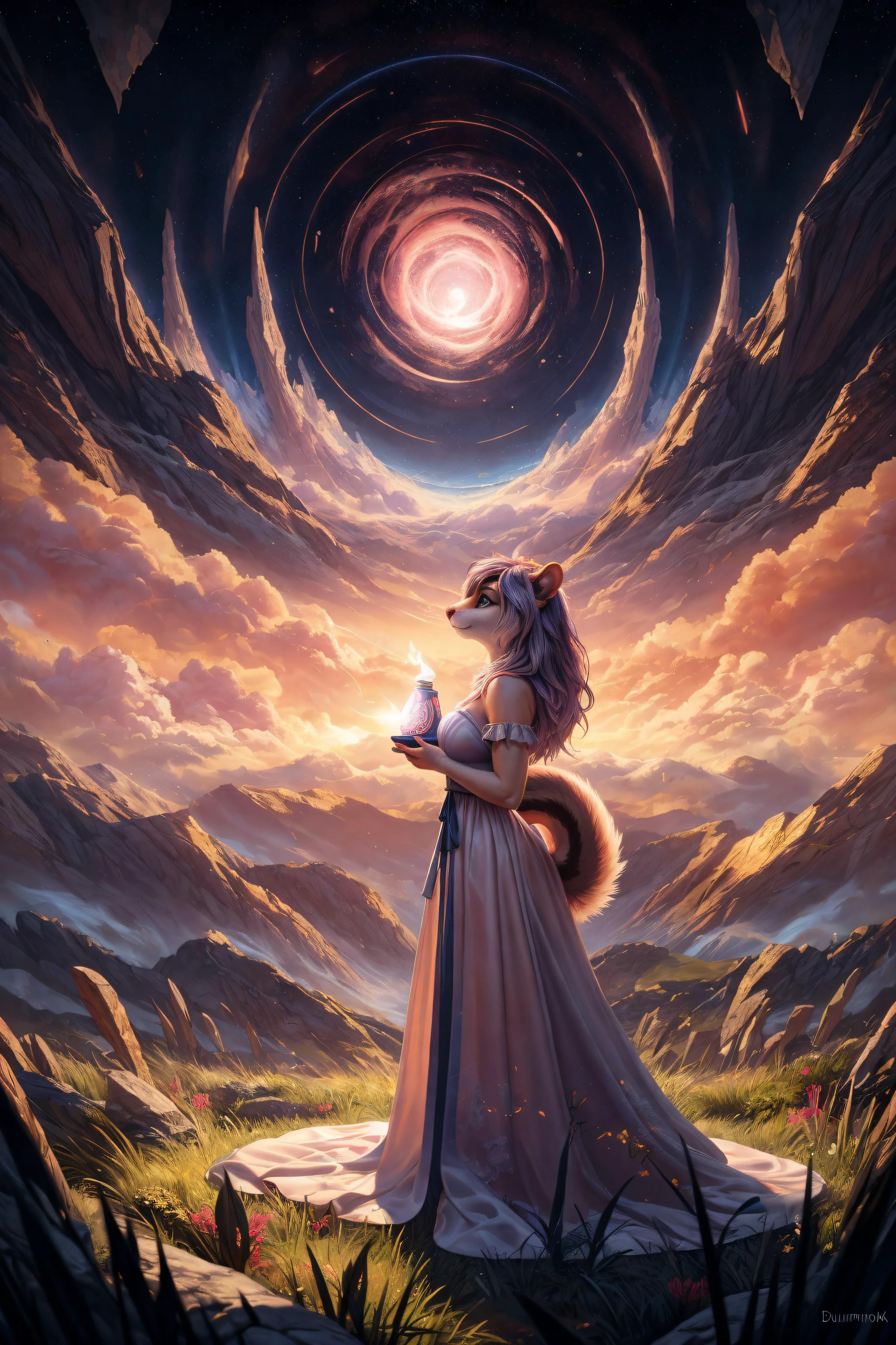(best quality, masterpiece, detailed, 8k), breathtaking ,RAW, realistic,
<lora:Tools Add Detail:0.3>
nvdreampunk, (abstract surrealism:1.3), mixed media, Handsome girl, furry (anthro squirrel:1.1), large shining Steel gray eyes, full body, Foamy, Hops, Serendipity, fractal spell effects, wearing Spellbinding,Enchanted Luminosity,Glimmer,Enrapture Elven Gown , , , ,
<lora:Styles Dreampunk:1.1>
detailed fur texture, subsurface scattering, (masterpiece, award-winning, professional, HDR)