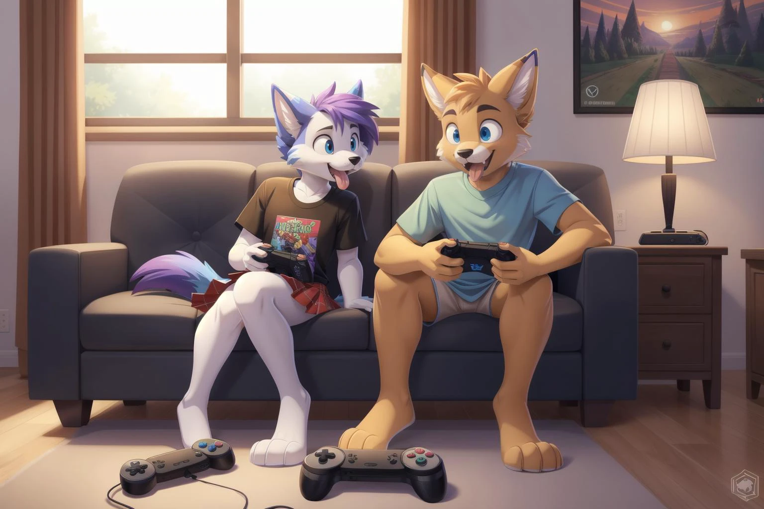 (anthro furry:1.4), duo, 1girl, 1boy, skirt, logo t-shirt, living room, couch, game console, game controller, television, lamp, window, tongue out, playing games, cartoon, western cartoon, vibrant colors, (masterpiece:1.2), best quality, crisp, clear, detailed eyes, <lora:GoodHands-beta2_Envy:1>
