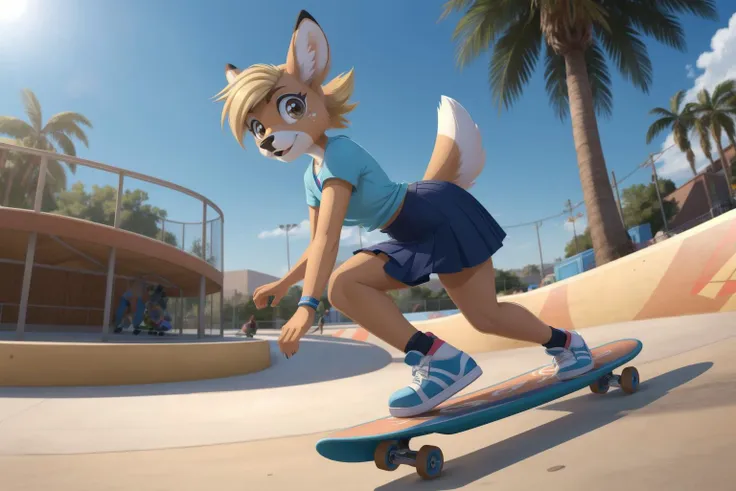 (anthro furry:1.4), female, deer, brown eyes, blonde hair, brown fur, skirt, logo t-shirt, skateboard, skatepark, skateboarding, cartoon, western cartoon, vibrant colors, (masterpiece:1.2), best quality, crisp, clear, detailed eyes, <lora:GoodHands-beta2_Envy:1>